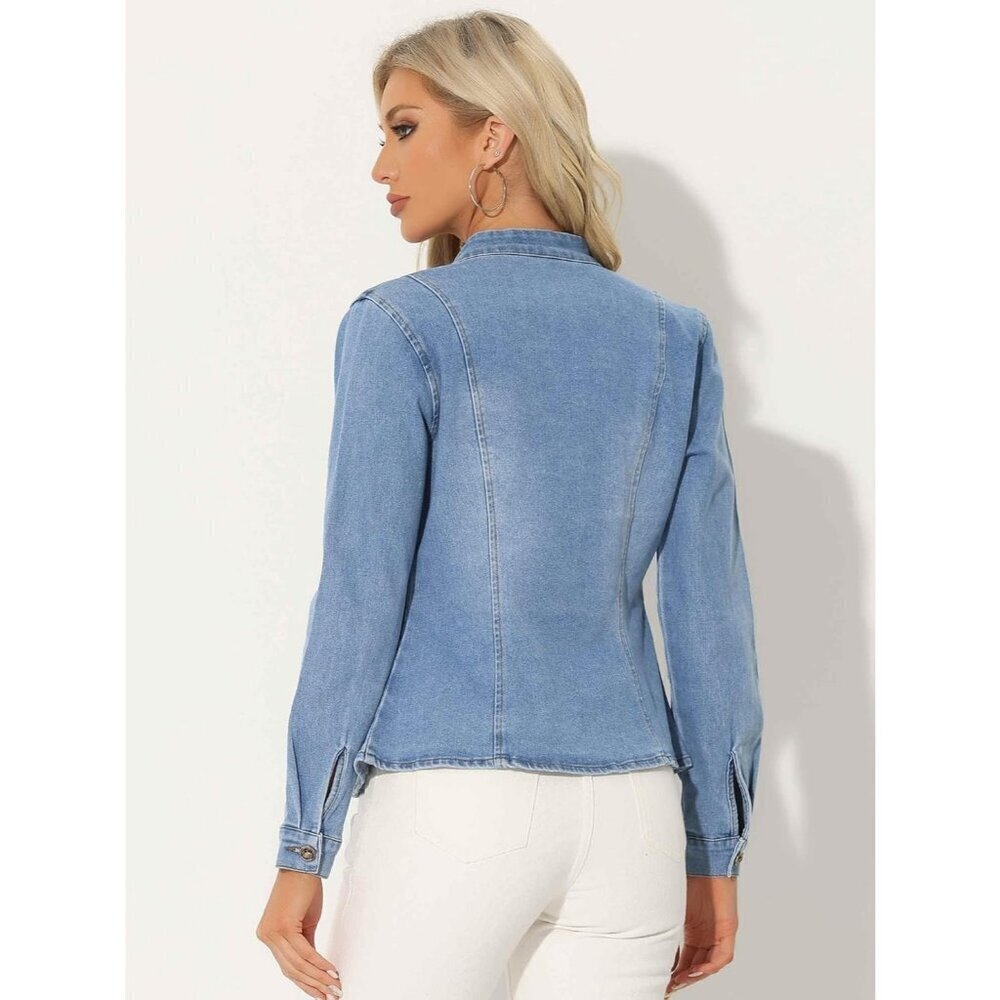 Women's Denim Jacket Classic Stand Collar Long Sleeve Jean Jacket Light Blue - Picture 2 of 5